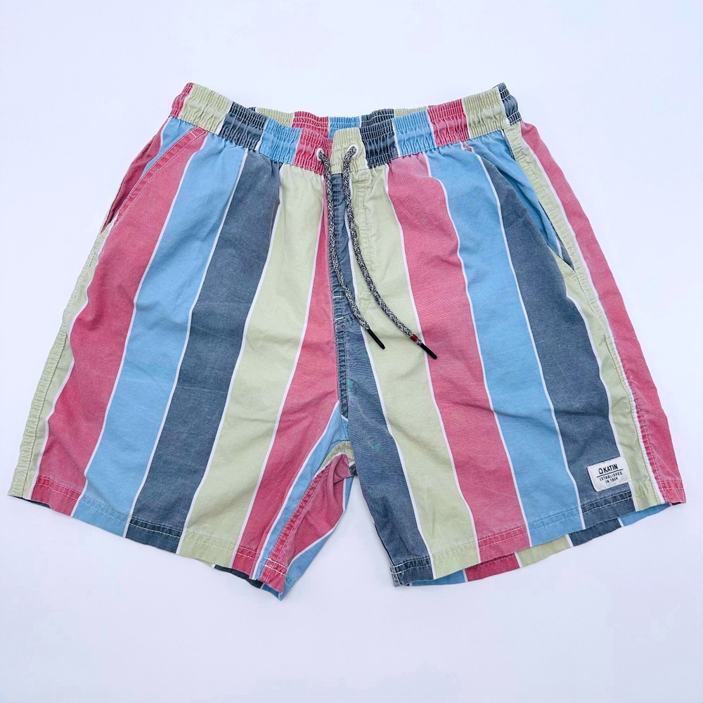 Katin Mens Striped Hybrid Surf Shorts Multicolor Elastic Waist Swim Trunks MD